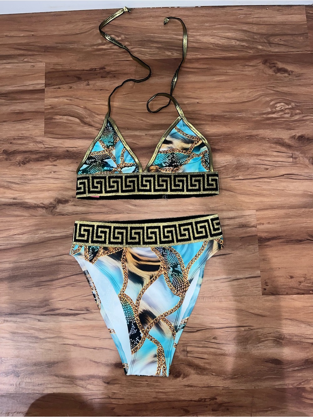Dolls Kill Turquoise & Gold Chain Print Bikini Set